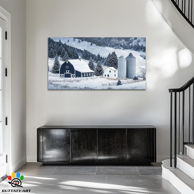 GUTTATY Christmas Winter Scene Canvas Wall Art, Barn Snow Farm Landscape Canvas Prints, Holiday Pictures Artwork, Blue White Country Wall Decor Poster for Living Room, Bedroom, Farmhouse, 32x16 Inch