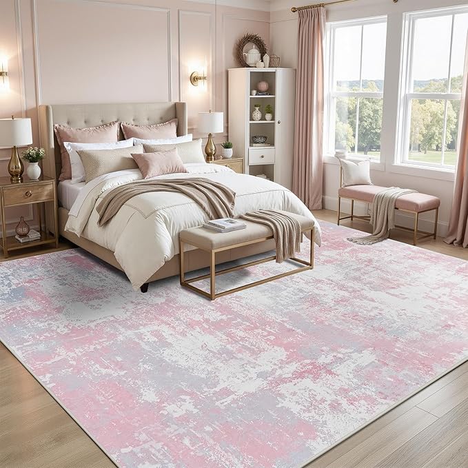 Rugflix 8x10 Area Rugs for Living Room, Washable Large Rug Stain-Resistant Low Pile, Modern Carpet for Dining Room Home Office Kid Room Nursery Bedroom, Pink Grey