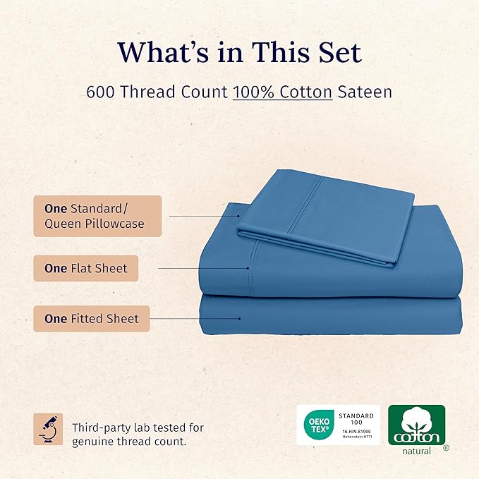 California Design Den Extra Long Twin Sheets Set - Luxury 600 Thread Count Sateen, Natural 100% Cotton XL Twin Sheet Set, Fully Elasticized Deep Pockets, Durable Bedding for Dorm Room - Parisian Blue