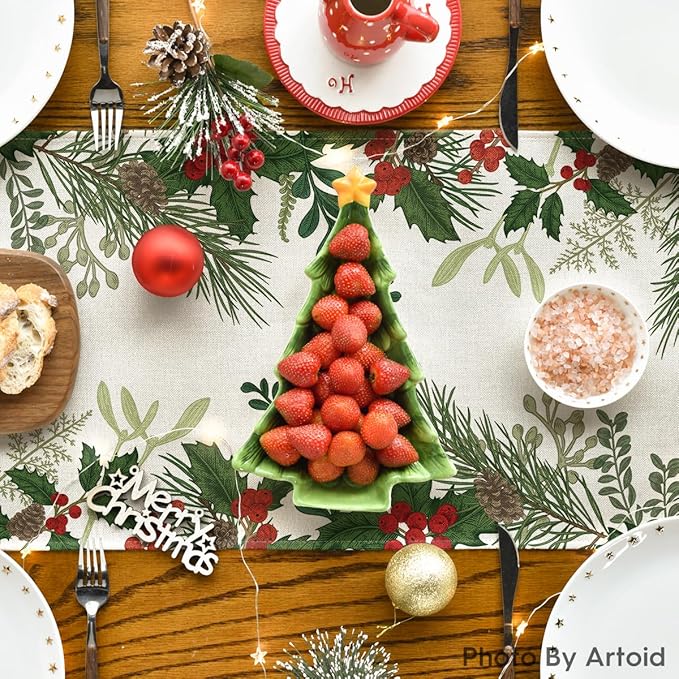 Artoid Mode Holly Pine Cone Christmas Table Runner, Seasonal Winter Kitchen Dining Table Decoration for Home Party Decor 13x90 Inch