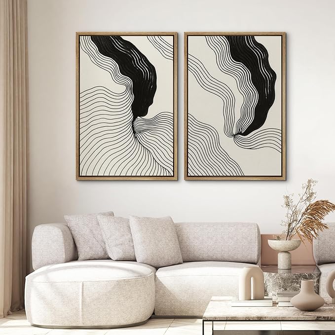 SIGNWIN Framed Canvas Print Wall Art Set Abstract Black Line Flow Minimalist Modern Art Minimal Boho Relax/Calm for Living Room, Bedroom, Office - 16"x24"x2 Natural