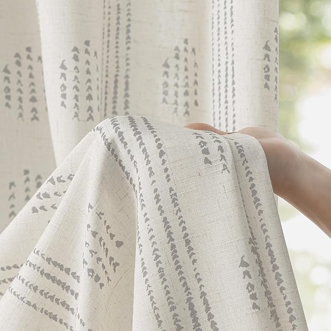 Boho Linen Curtains for Bedroom Living Room Grey Farmhouse Boho Curtains 84 Inches Long Geometric Striped Patterned Mudcloth Grommet Top Light Filtering Window Drapes 2 Panels Gray on Beige