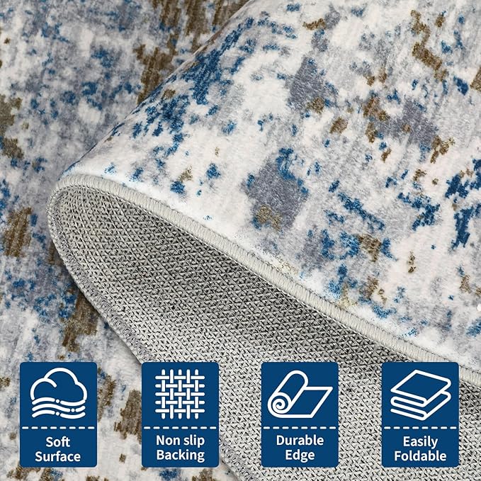 Modern Abstract 2x10 Runner Rug Non Slip Non Shedding Rug Low Pile Stain Resistant for Bedroom Hallway Kitchen,Navy