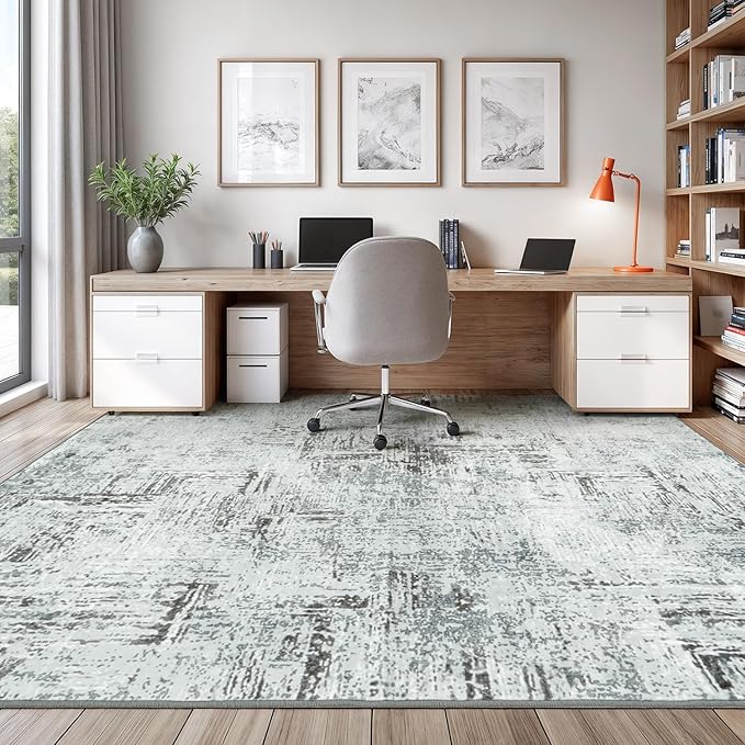 Rugflix 8x10 Washable Area Rugs, Neutral Boho Carpet Living Room Rug Non Slip Stain Resistant, Large Area Rug for Indoor Bedroom Dining Room Office, Blue/Grey