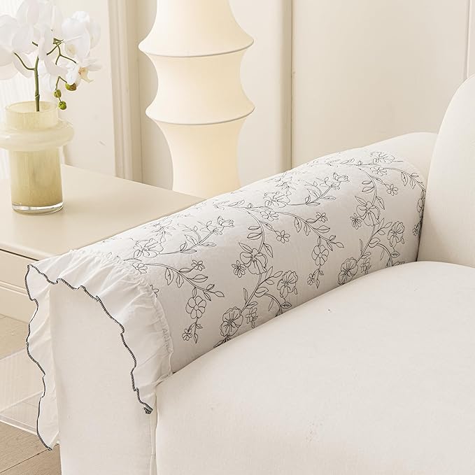 Couch Arm Covers, Cotton Boho Floral Couch Covers for Sofa, Non-Slip Armchair Sofa Slipcovers, Armrest Pads, Pet Friendly Couch Protector for Dogs Washable (1PC, White and Black, 28"X28")