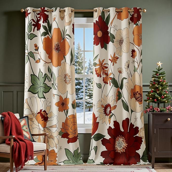 JINCHAN Lora Floral Curtains for Bedroom 95% Blackout Drapes Room Darkening Window Drapes Fall Decor Winter Vintage Flower Patterned Curtains for Living Room 96 Inch Length 2 Panels with Grommet Beige