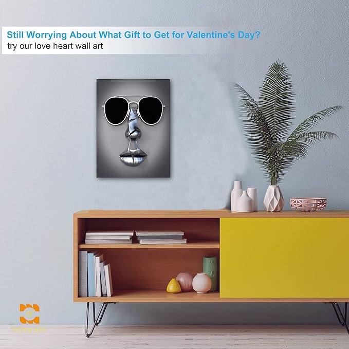 3D Metal Effect Wall Art - 3D Wall Art Decor Artwork Wear Sunglasses Siliver Figure Statue Modern Art Canvas Painting, Large Wall Art for Bedroom Dercor Framed 18”x24”x1Pcs