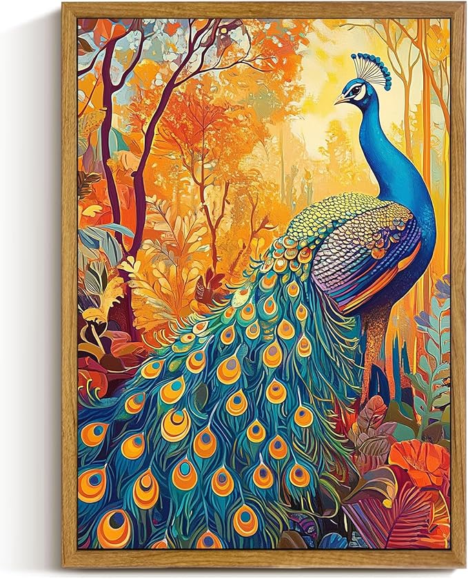 Vintage Peacock Canvas Wall Art Vintage Autumn Poster Prints Blue Animal Painting Vintage Animal Picture Aesthetic Peacock Canvas Prints for Living Room Decor 16x24inch Unframed