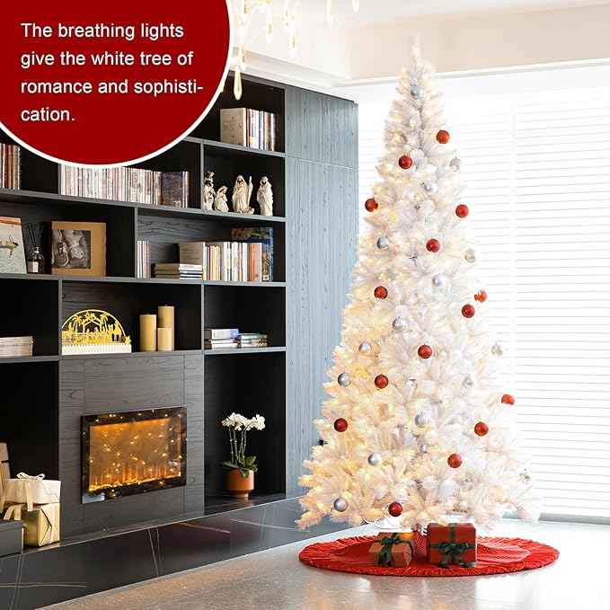 Glitzhome 10ft Pre-Lit Slim Artificial Christmas Tree, Aspen Frostfall Pine Hinged Holiday Xmas Tree with Foldable Metal Stand, 800 Warm White Lights, Ideal for Home, Office, Party Decoration