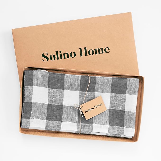 Solino Home Linen Checkered Tablecloth 52 x 52 Inch - 100% Pure Linen Grey and White Square Table Cloth - Machine Washable Buffalo Plaid Table Throw for Fall, Autumn, Thanksgiving, Christmas, Winter