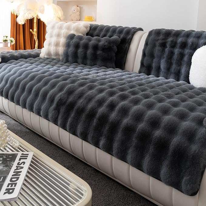 Faux Fur Couch Cover, Soft Warm Plush Sofa Couch Cover, Non Slip Sectional Sofa Slipcovers for L Shaped, Washable Furniture Protector for Kids, Dogs(Dark Gray, 36"x 63")