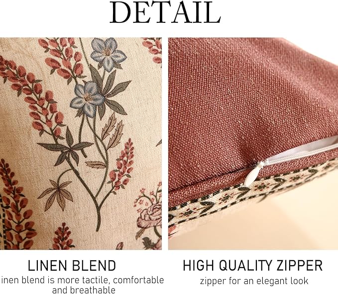 ISAENNE Design Linen Vintage Throw Pillow Covers 12"x20", Rectangle Cushion Covers with Red Purple Flowers Green Leaves Pattern Decoration Pillowcases for Bed,Living Room,Outdoor,Car
