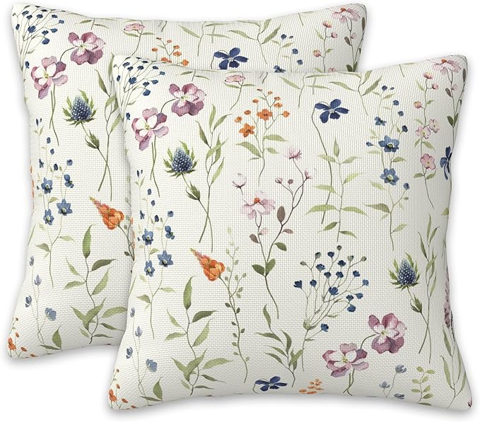 Colored Flowers and Leaves Pillow Covers 18X18 Set of 2, Watercolor Wildflowers Decorative Throw Pillow Covers, Pillowcase Cushion Case for Home Sofa Couch Indoor Outdoor Decorations