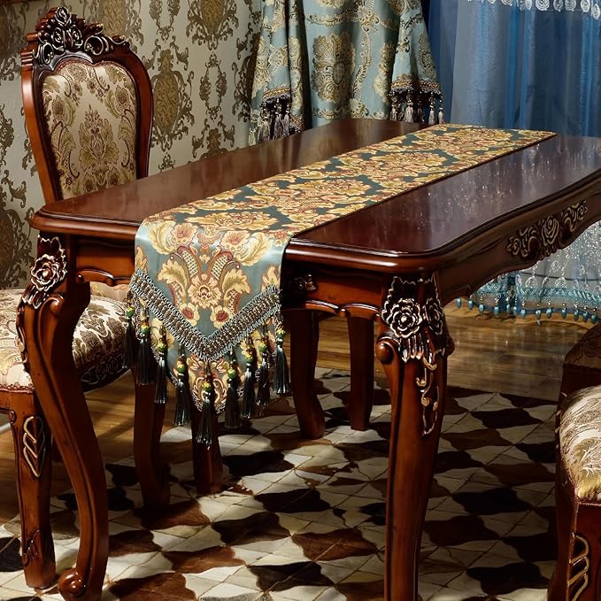Extra Luxury Velvet Blue Table Runner 135 Inches Long with Vintage Damask Jacquard Design for Dining Room,Living Room,Home Decor,Elegant Beaded Tapestry (Dark Cyan, 13×135 inch)