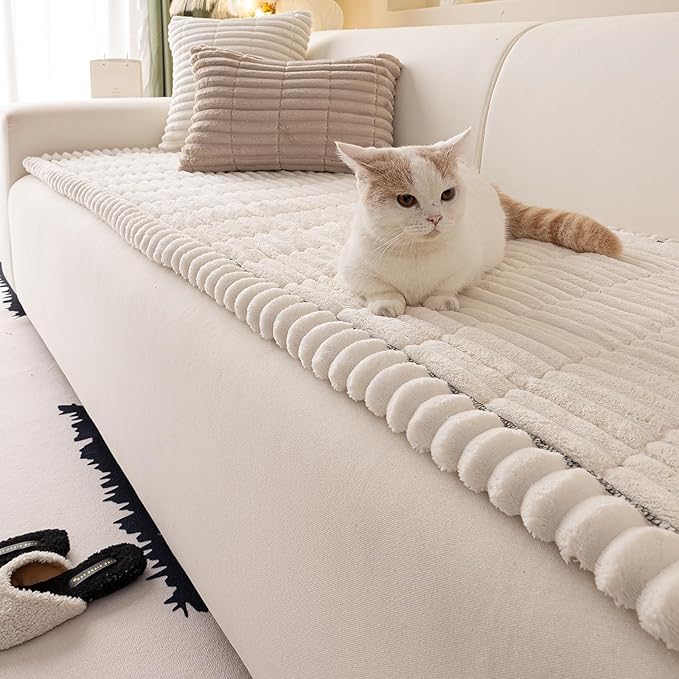 Couch Cover for Dogs Washable,Non Slip Fuzzy Durable Couch Covers for 3 Cushion Sofa Pet Friendly Sofa Cover Dog Thick Soft Slipcovers Protector Couches Mat Bed (White, 27.6"x82.7"/70x210cm)