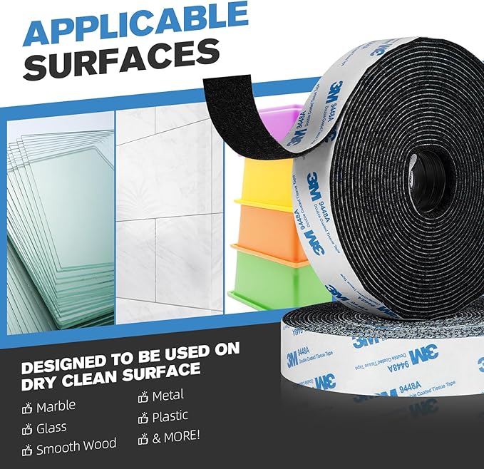 3M Hook and Loop Tape 1" x 22ft, Self Adhesive Strips with Strong 9448A Backing, Interlocking Nylon Fabric Fastener for Picture Frames, Rugs, Car Interior, Home, Office Black