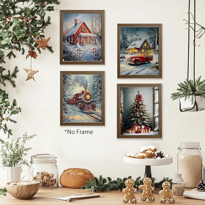 AEHIE Vintage Winter Xmas Tree Wall Art Poster Prints for Home Living Room, Vintage Xmas Holiday Poster Prints, moody christmas Pictures with Winter Snowy Forest Scene Wall Art Unframed 4pcs 8x10inch