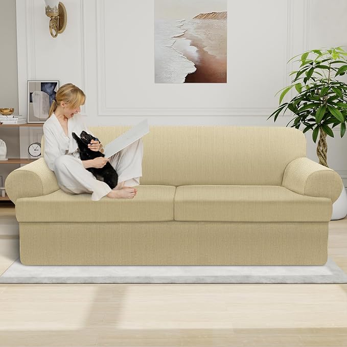 Waterproof Couch Cover 3-Piece Set Striped Sofa Slipcovers for 2 Separate T Cushion Couch - TPU Fabric Sofa Covers Leakproof Couch Protector for Kids, Pets(2 Cushion Sofa, Camel)