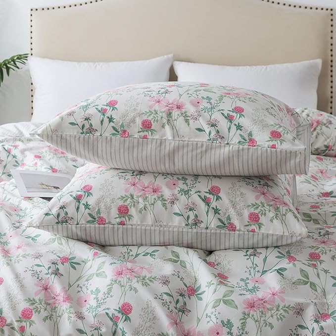 HoneiLife Duvet Dover Queen Size - 100% Cotton Comforter Cover, Breathable Bedlinen for Set for Queen Beds, 3-PC Wildflower Comforter Cover Sets, Fuchsia‌