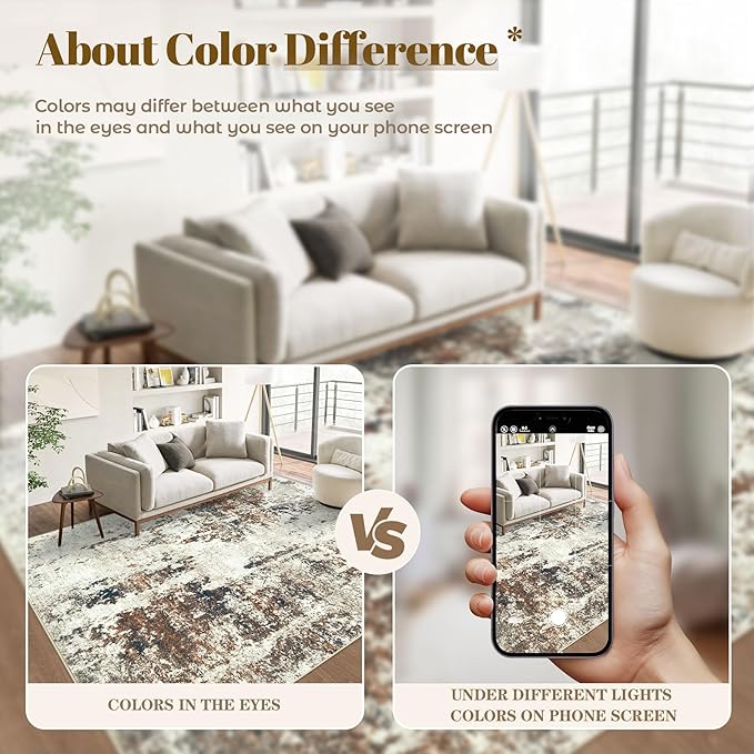 Living Room Rug 8x10 Rug, Machine Washable Modern Abstract Rug Soft Neutral Area Rug Non-Slip Stain Resistant Large Rugs for Living Room Dining Room Bedroom Dorm Office(Brown,8'x10')