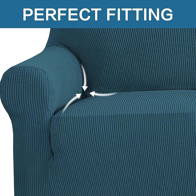 H.VERSAILTEX Stretch Couch Covers for Sofa 1 Piece Slipcovers for Couches and Sofas 3 Seater Couch Cover Feature Thick Checked Jacquard Fabric with Elastic Bottom(Large Sofa 90"-100" Wide, Deep Teal)