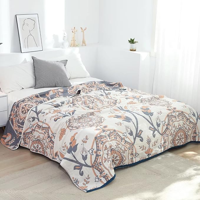 Boho Throw Blanket for Bed 100% Cotton Ultra Soft Rustic Quilt Floral Printed Farmhouse Decor Bed Fall Blanket,80"×90" All Season Rustic Throw for Sofa Couch Chair