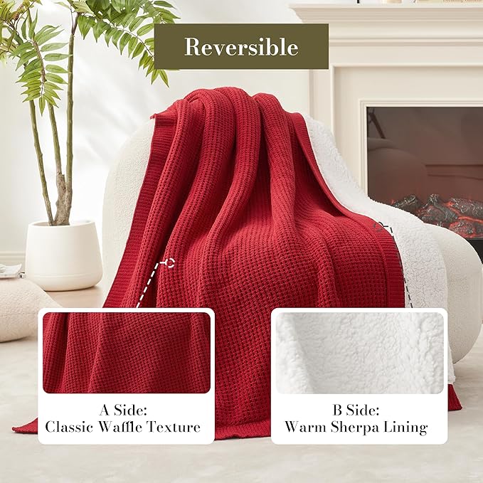 Amélie Home Reversible Waffle Weave Throw Blanket, Chenille Knit with Warm Sherpa, Soft Cozy Blanket for Couch, 50"x60", Red
