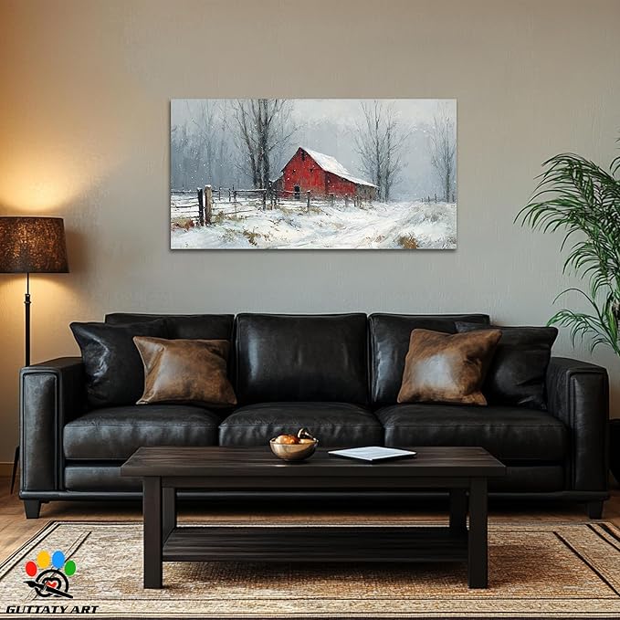 GUTTATY Christmas Winter Scene Canvas Wall Art, Rustic Red Barn Pictures, Snowy Landscape Wall Print, Country Farmhouse Canvas Painting, Festive Hanging Artwork for Living Room Decor, 24x12 Inch