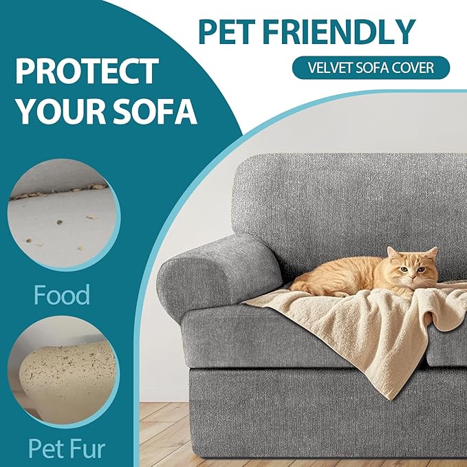 T Cushion Loveseat Slipcover 3 Pieces Sofa Covers for T Cushion Sofa Stretch Slip Covers for 2 Cushion Couch with 2 Individual T Shape Seat Covers (Light Gray, 2 Cushion)