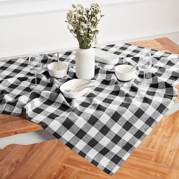 Solino Home Linen Checkered Tablecloth 52 x 52 Inch - 100% Pure Linen Black and White Buffalo Plaid Square Tablecloth - Machine Washable Table Throw for Fall, Autumn, Winter, Thanksgiving