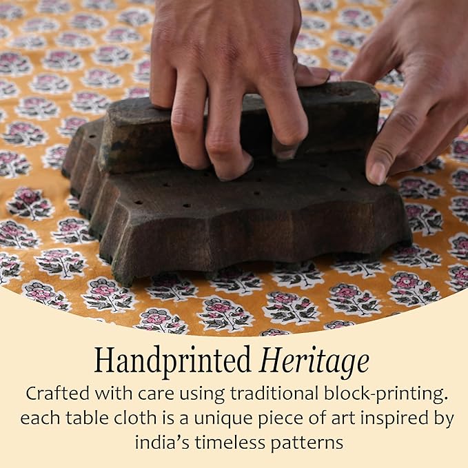 CPC Tablecloth 100% Cotton 70x108 Inch Indian Block Print Rectangle Table Cover, Gray Table Cloth for Weddings, Spring/Summer, Barbeque - Yellow Citrine