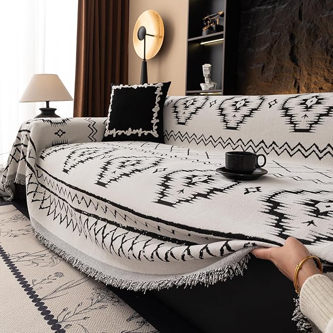 VClife Chenille Couch Cover Slipcover, Sectional Couch Cover for 3 Cushion Couch Sofa Pet Sofa Protector, Anti Slip White Tribal Pattern Couch Covers Furniture Protector wit Tassel, White, 71"X134"