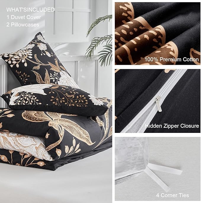 mixinni Floral Duvet Cover King Size, 3 Pieces White Flowers and Gold Leaves Printed on Black Bedding Set, Soft Premium Cotton Reversible Elegant Floral Duvet Cover Set for All Season-King Size