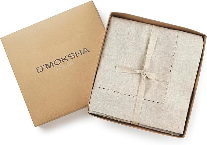 D'Moksha Homes Light Natural Linen Tablecloth 60 x 156 Inch - 100% Pure Linen Natural Tablecloth for Rectangle Tables - Classic Hemstitch, Machine Washable Table Cloth for Thanksgiving, Christmas