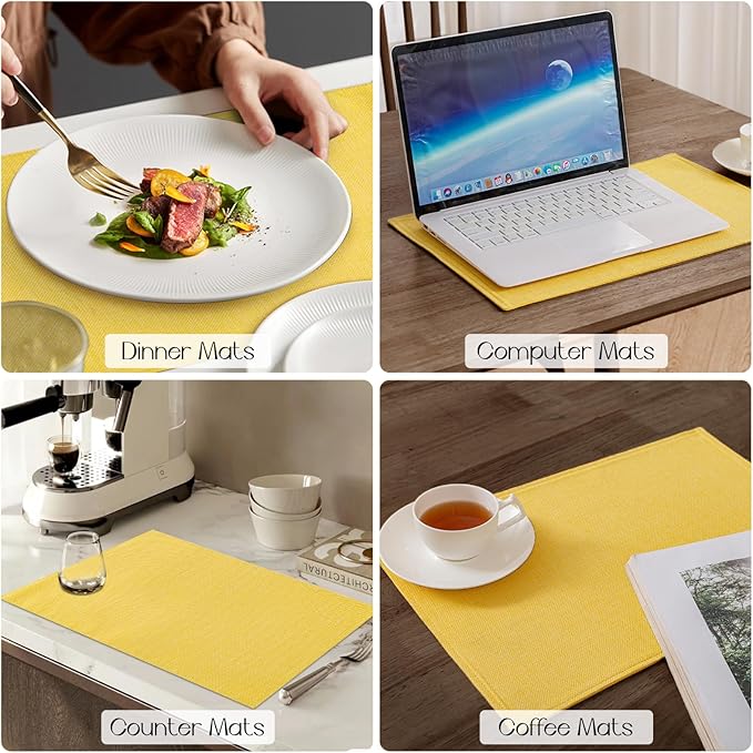 Romanstile Cloth Placemats Set of 8-12 x 18 Inch, Heat Resistant Double Layered Thickened Burlap Place Mats, Washable Faux Linen Farmhouse Table Mats for Kitchen/Dining/Party/Outdoor, Yellow