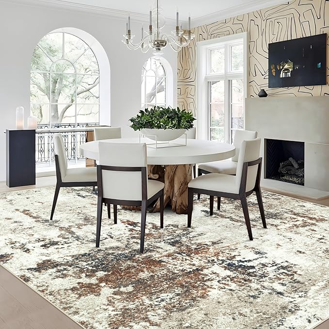 Living Room Rug 8x10 Rug, Machine Washable Modern Abstract Rug Soft Neutral Area Rug Non-Slip Stain Resistant Large Rugs for Living Room Dining Room Bedroom Dorm Office(Brown,8'x10')
