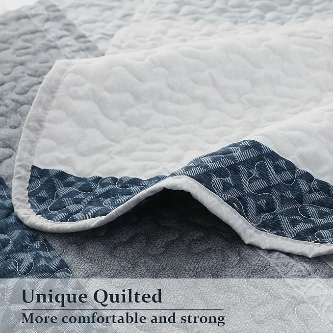DURLENGEN Striped Quilt Set California King Size 3Pcs, Blue & Navy Striped Patchwork Pattern All Season Lightweight Bedspread Coverlet Sets(Cal King 112x104, Blue Patchwork)