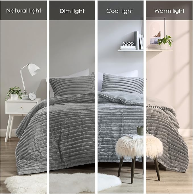 Intelligent Design Twin Comforter Set, Cozy Plush Bedding, Microfiber Reverse, 2 Piece, Lightweight, Super Soft Ribbed Velvet Comforter 1 Sham, All Season Fluffy Bed Set, Avril, Twin/Twin XL Grey