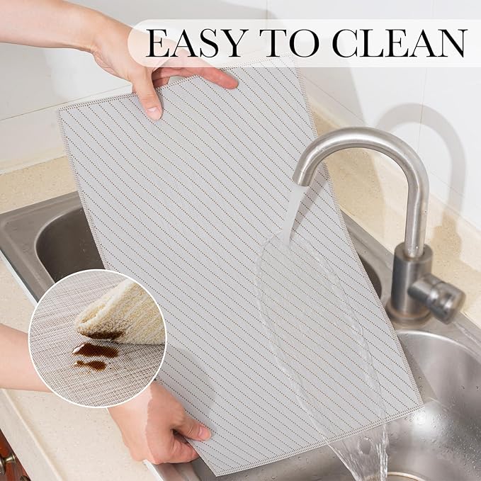 BACKTOEDEN Placemats Set of 6 Heat Resistant Washable Wipeable Placemat Woven Non-Slip Foldable Vinyl/Plastic Place Mats Indoor/Outdoor Mat Kitchen Dining Table Pad, Light Gray Twill