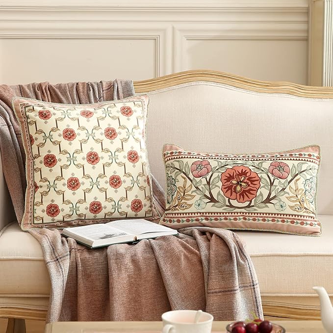 patdrea Designer Outdoor Pillows Covers Decorative Rectangle Throw Pillow Covers, Velvet Farmhouse Throw Covers 12"x 20",Vintage Floral Throw Pillow Case for Couch Sofa Bed Living Room
