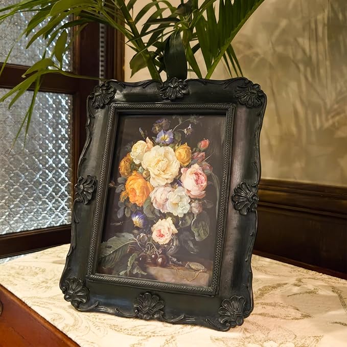 SYLVIA'S SHOP 5x7 Vintage Picture Frame, Antique Black Ornate Photo Frame, for Tabletop and Wall Display, Decorative Floral Design Retro Home Decor, Photo Gallery Art