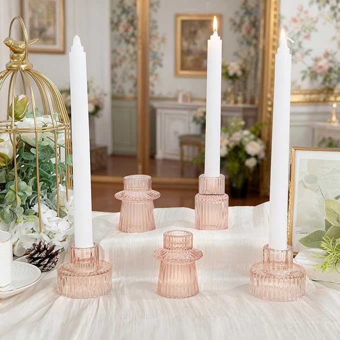 WELLIFE Pink Candlestick Holders, 3 Pcs Glass Candle Holder,Taper Candle Holder for Table Centerpieces Home Bedroom, Valentine's Day Decoration