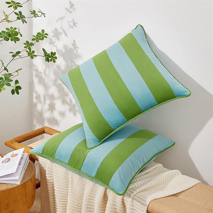 MONDAY MOOSE Decorative Throw Pillow Covers Cushion Cases, Set of 2 Soft Velvet Striped Piping Edge Designs, Pillow Inserts Not Included (Light Green/Light Blue, 18x18 inch)