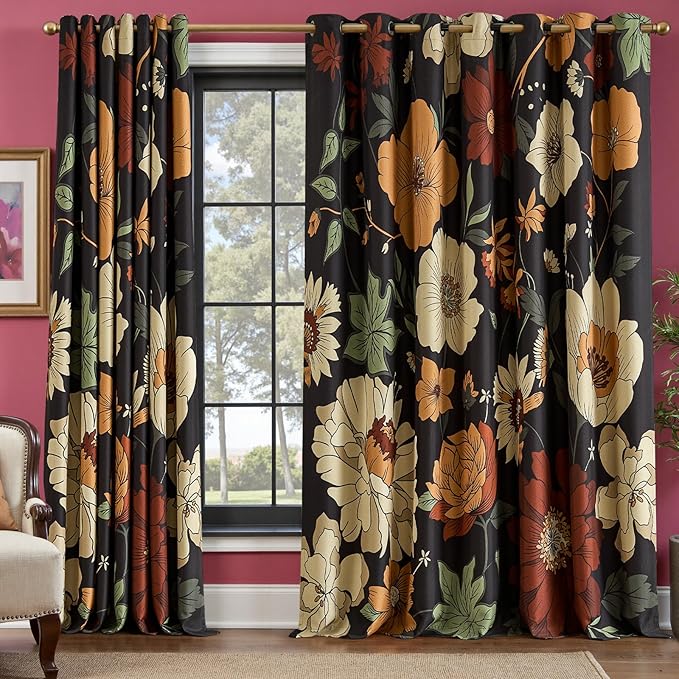 jinchan Lora Floral Curtain for Living Room Blackout Drape for Sliding Door Extra Wide Room Darkening Fall Decor Winter Vintage Flower Patterned Patio Door Curtain Grommet 1 Panel W100xL96 Inch Black