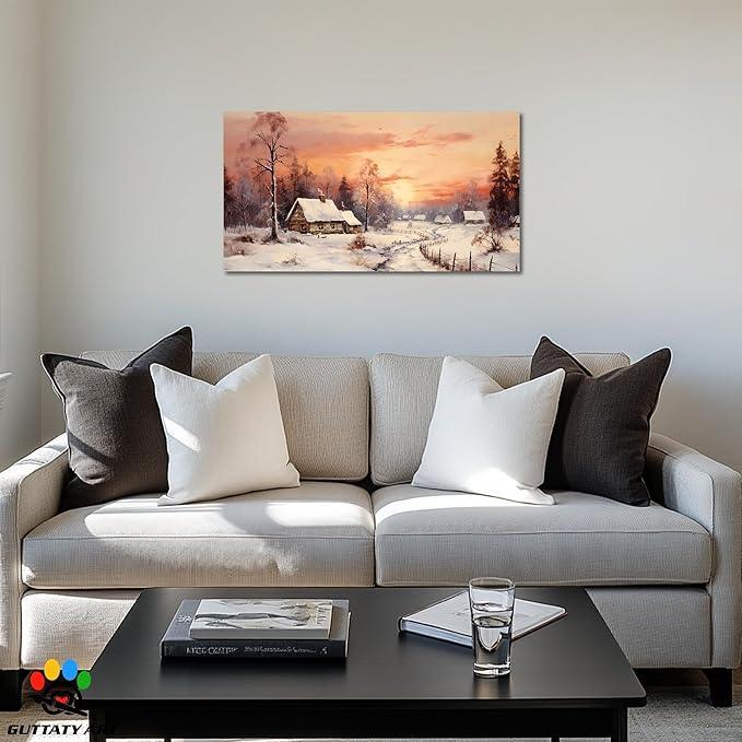 GUTTATY Christmas Winter Scene Canvas Wall Art, Cozy Snow Village Canvas Print, Rustic Country House Wall Painting, Winter Sunset Landscape Poster for Living Room, Bedroom, Hallway, 40x20 Inch