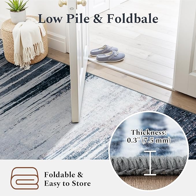 Rugflix 8x10 Large Area Rug for Living Room, Washable Low Pile Carpet Non Slip, Soft Stain Resistant Blue Grey Indoor Rug for Bedroom, Dining Room, Home Office