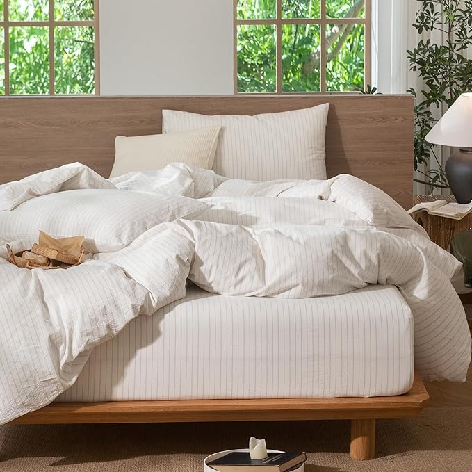 MooMee Striped Duvet Cover Set 100% Washed Cotton Linen Like Textured Breathable Durable Soft Comfy (White Almond Milk Grey Wide Stripes, King 104"x90")