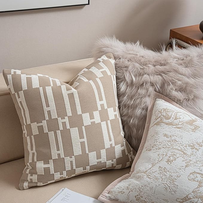2025 New 22x22'' inches Throw Pillow Cushion Covers - Beige H Letter Chenille Jacquard Embroidery Luxury Modern Style Couch Sofa Bed Pillow Cover for Living Room Bedroom
