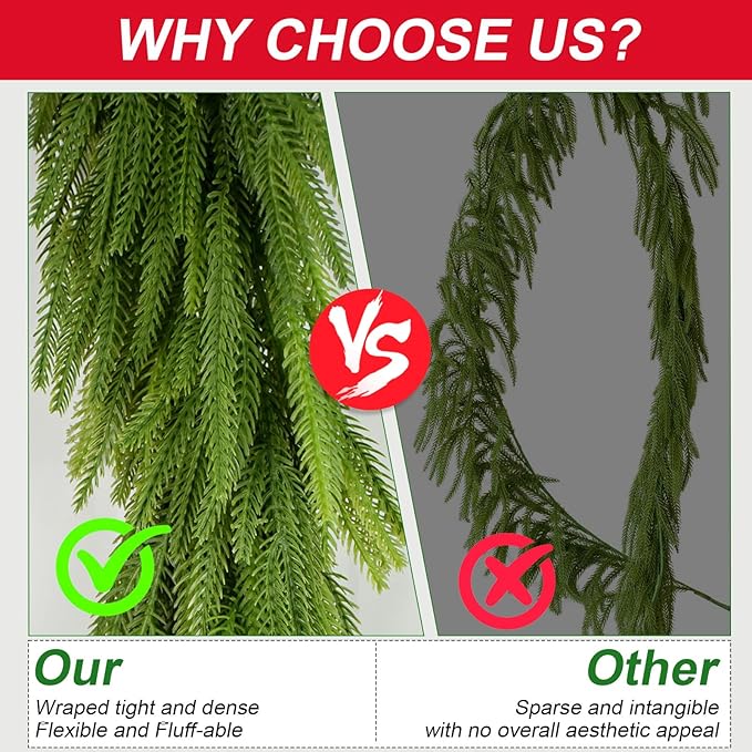 18FT(2 * 9FT) Christmas Norfolk Pine Garland, Real Touch Faux Green Garlands, Holiday Decor Winter Artificial Greenery Garland for Mantle, Stairs, Table, Fireplace, Indoor & Outdoor Xmas Decorations