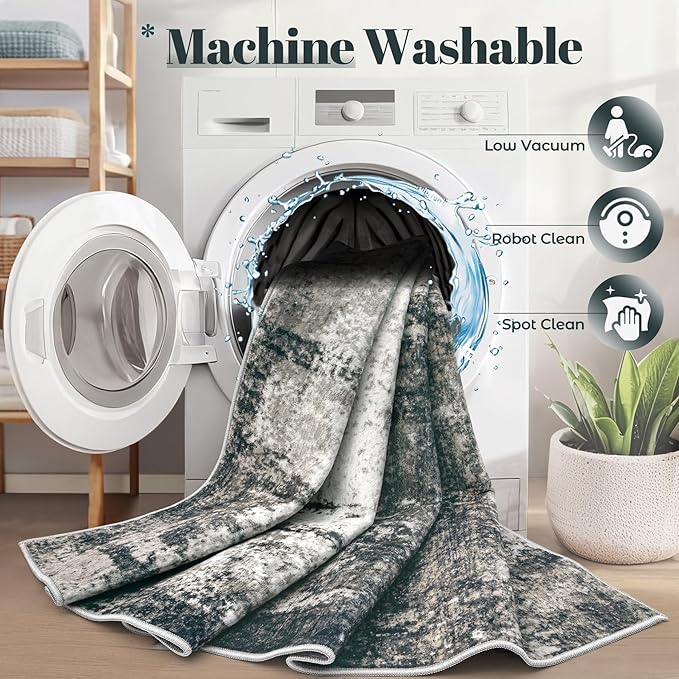9x12 Area Rugs Washable Rug, Soft Modern Abstract Rugs for Living Room Large Low Pile Thin Rug Non Slip Indoor Neutral Carpet for Bedroom Dining Room Farmhouse Office Kids Playroom Black Grey Gold